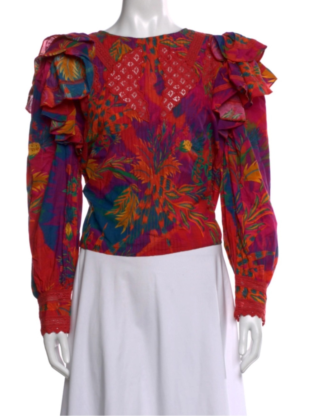 FARM Rio Red Pink Orange Floral Ruffled Puff-Sleeve Blouse